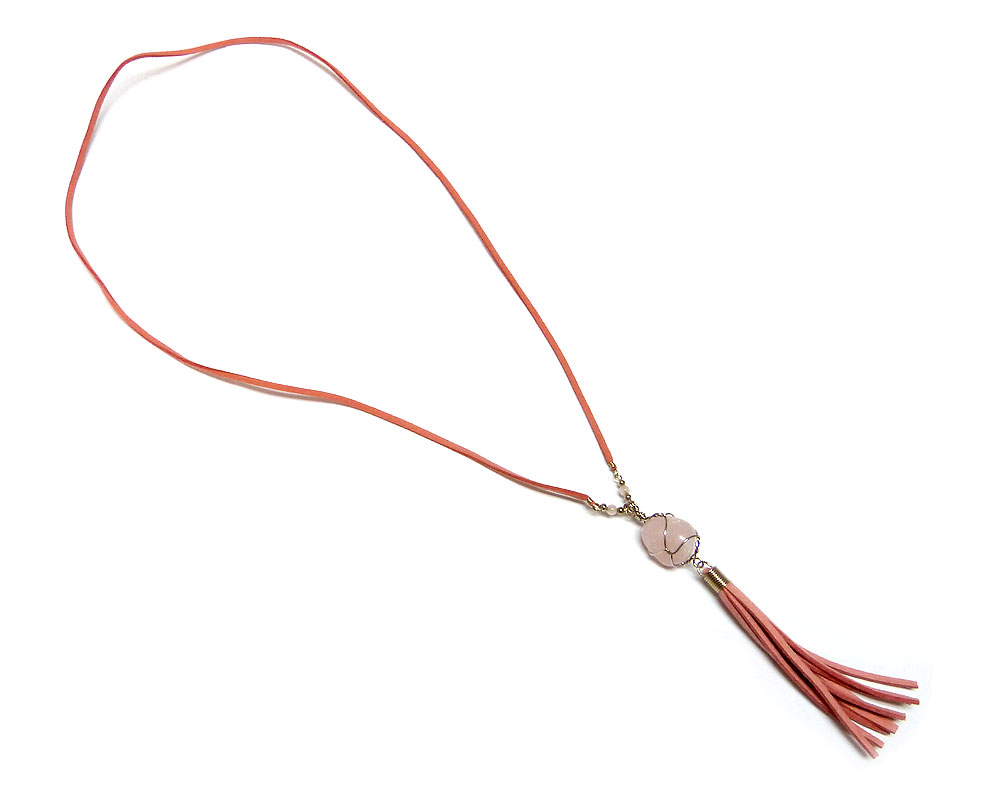 Handmade silver metal wire wrapped tumbled rose quartz gemstone crystal pendant with suede tassel dangle on long vegan suede necklace in pink color.