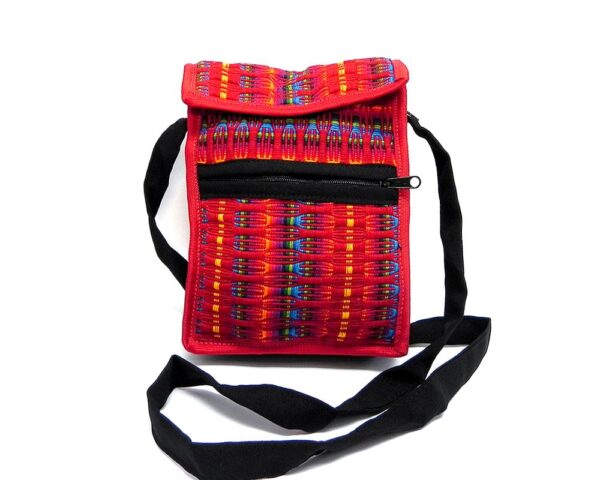 Handmade medium-sized cushioned woven cotton smartphone bag with multicolored stripes and strap in red color.