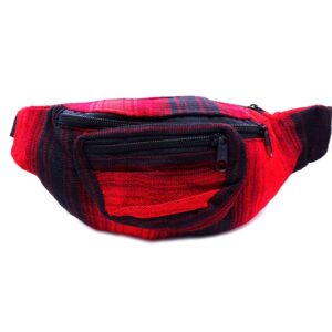 Handmade woven lightweight fanny pack bag with multicolored striped pattern in red and black color combination.
