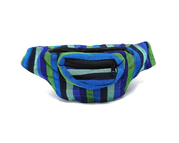 Handmade woven lightweight fanny pack bag with multicolored striped pattern in blue, lime green, turquoise, mint, and black color combination.