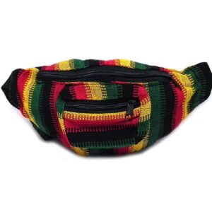 Handmade woven lightweight fanny pack bag with multicolored pixel striped pattern in Rasta colors.