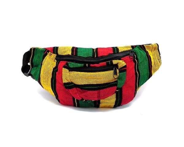 Handmade woven lightweight fanny pack bag with multicolored thick striped pattern in Rasta colors.