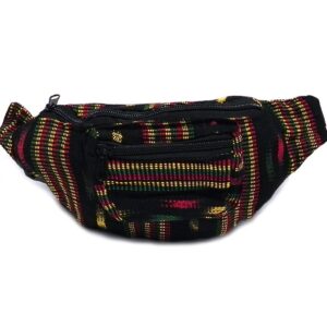 Handmade woven lightweight fanny pack bag with multicolored black stitch striped pattern in Rasta colors.