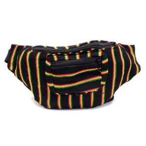 Handmade woven lightweight fanny pack bag with multicolored black thin striped pattern in Rasta colors.