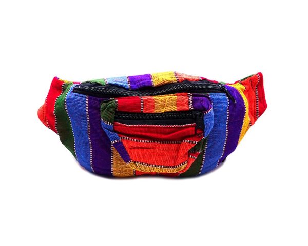 Handmade woven lightweight fanny pack bag with multicolored stitch striped pattern in rainbow colors.