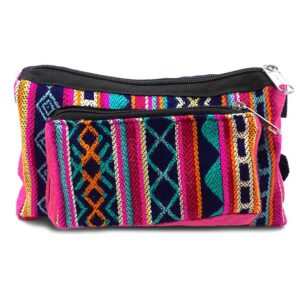 Rectangle-shaped fanny pack bag with Aztec inspired tribal print pattern in pink, indigo purple, hot pink, orange, teal, and light yellow color combination