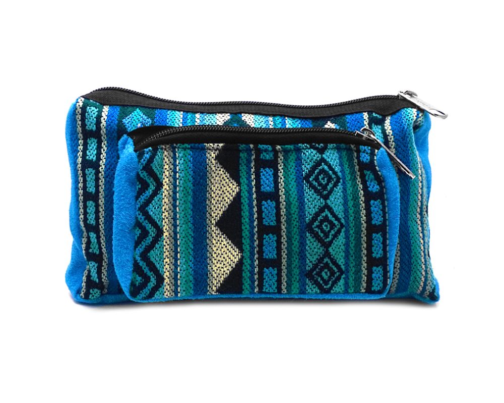 Rectangle-shaped fanny pack bag with Aztec inspired tribal print pattern in light blue, dark blue, turquoise, teal, and light yellow color combination.