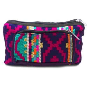 Rectangle-shaped fanny pack bag with Aztec inspired tribal print pattern in dark purple, hot pink, teal green, orange, and light yellow color combination.