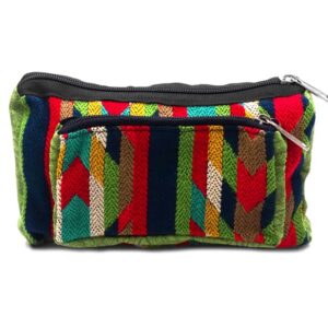 Rectangle-shaped fanny pack bag with Aztec inspired tribal print pattern in lime green, navy blue, red, teal, yellow, tan, and white color combination.
