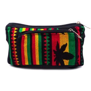 Handmade rectangle-shaped fanny pack bag with Aztec inspired tribal print pot leaf pattern in black and Rasta colors.