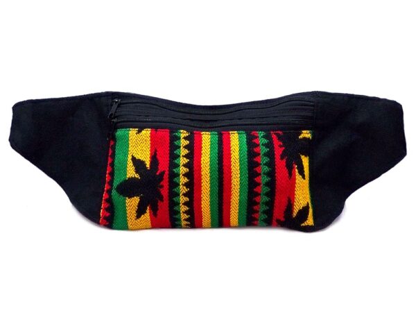 Handmade slim money belt fanny pack bag with Aztec inspired tribal print pattern and pot leaf design in black and Rasta colors.