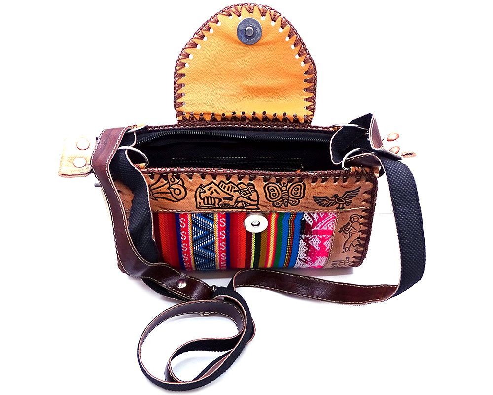 Handmade small Peruvian purse bag with authentic leather, acrylic wool, snap button and zipper closure, and adjustable strap in multicolored and brown.