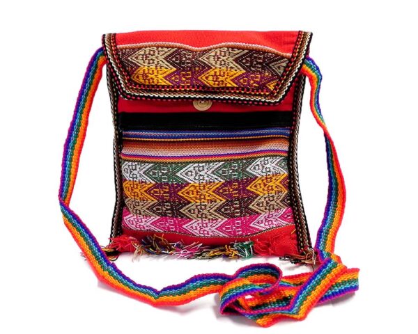 Handmade medium-sized slim square-shaped purse bag with multicolored tribal print pattern material (or manta Inca) and fringe in red color.