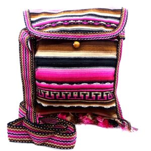 Handmade medium-sized slim square-shaped purse bag with multicolored tribal print striped pattern material (or manta Inca) and fringe in pink, hot pink, brown, beige, and black color combination.