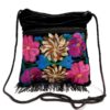 Medium-sized slim square-shaped purse bag with multicolored embroidered floral designs, black velvet cotton material, and fringe.