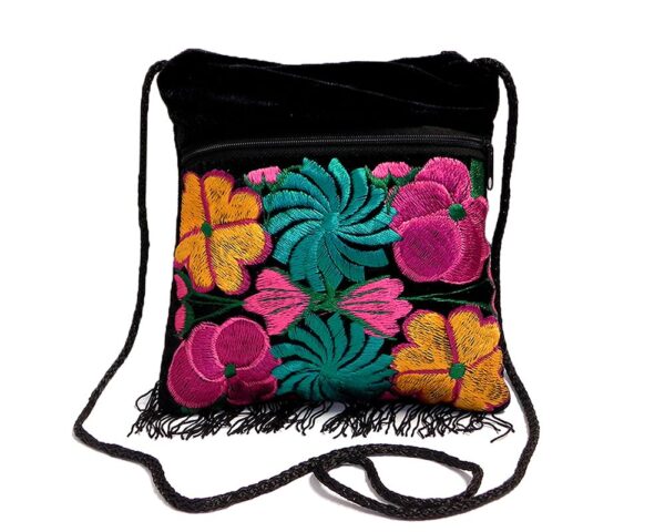 Handmade medium-sized slim square-shaped purse bag with multicolored embroidered floral designs, black velvet cotton material, and fringe.