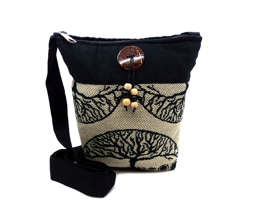 Medium-sized cushioned square-shaped purse bag with tree of life print pattern and coconut button and beads in beige and black color combination.