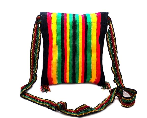 Handmade medium-sized slim square-shaped purse bag with multicolored striped print pattern material and fringe in Rasta colors.
