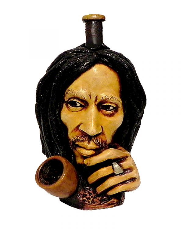 Handcrafted medium-sized tobacco smoking hand pipe of Bob thinking with hand on chin.