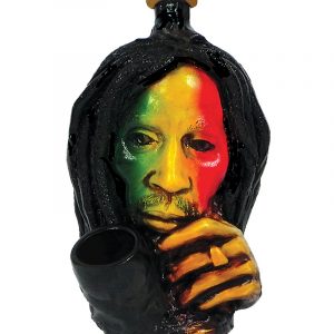 Handcrafted medium-sized tobacco smoking hand pipe of Bob thinking with hand on chin in Rasta colors.
