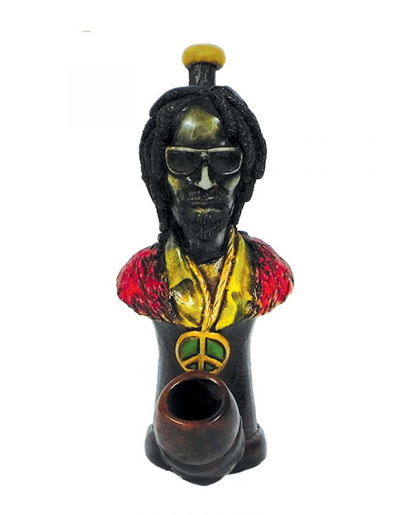 Handcrafted medium-sized tobacco smoking hand pipe of "Da Mon" Rasta man with sunglasses and peace sign necklace.