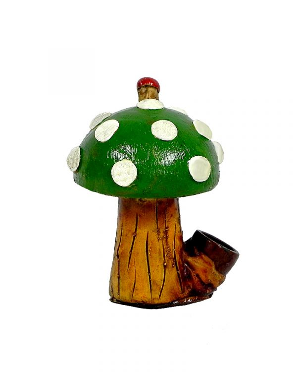 Handcrafted medium-sized tobacco smoking hand pipe of a short Amanita magic mushroom with white spots in green color.