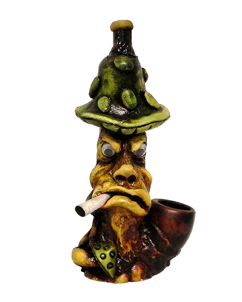 Handcrafted medium-sized tobacco smoking hand pipe of a smoking mushroom man with an angry face.