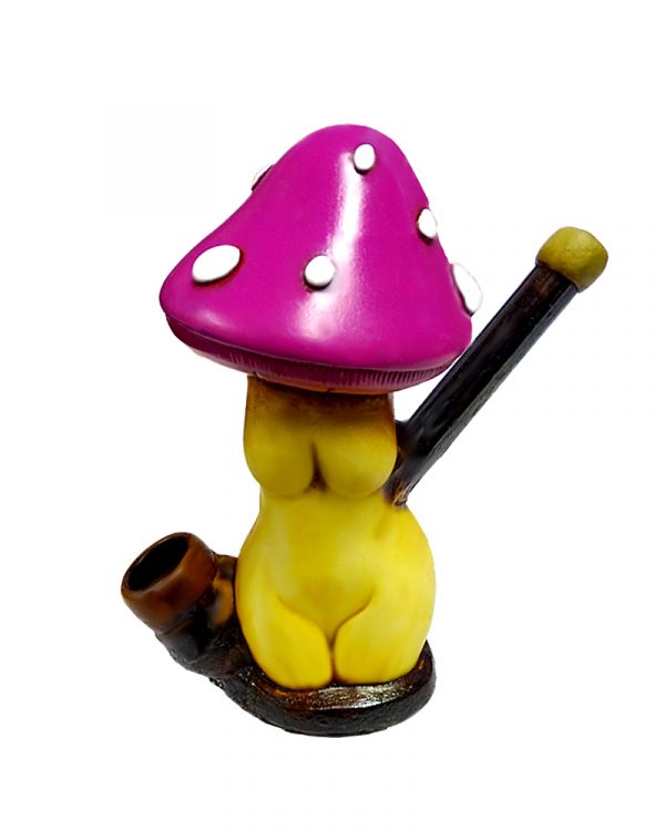 Handcrafted medium-sized tobacco smoking hand pipe of a magenta pink mushroom with white spots and a sexy body.