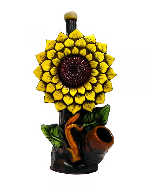 Handcrafted medium-sized tobacco smoking hand pipe of a yellow sunflower.
