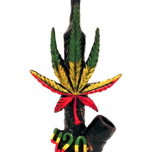Handcrafted medium-sized tobacco smoking hand pipe of a hemp leaf with a "4.20" sign in Rasta colors.