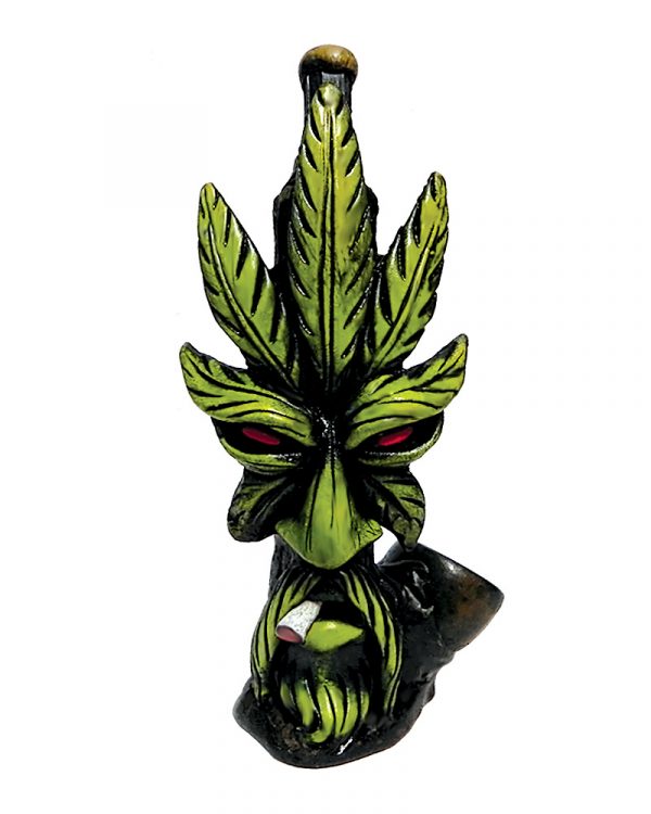 Handcrafted medium-sized tobacco smoking hand pipe of a green smoking leaf man face with red eyes.
