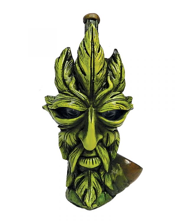 Handcrafted medium-sized tobacco smoking hand pipe of a green leaf man face with googly eyes.