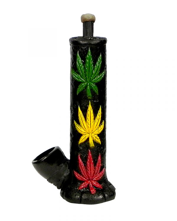 Handcrafted medium-sized tobacco smoking hand pipe of a tower with three hemp leaves in Rasta colors.