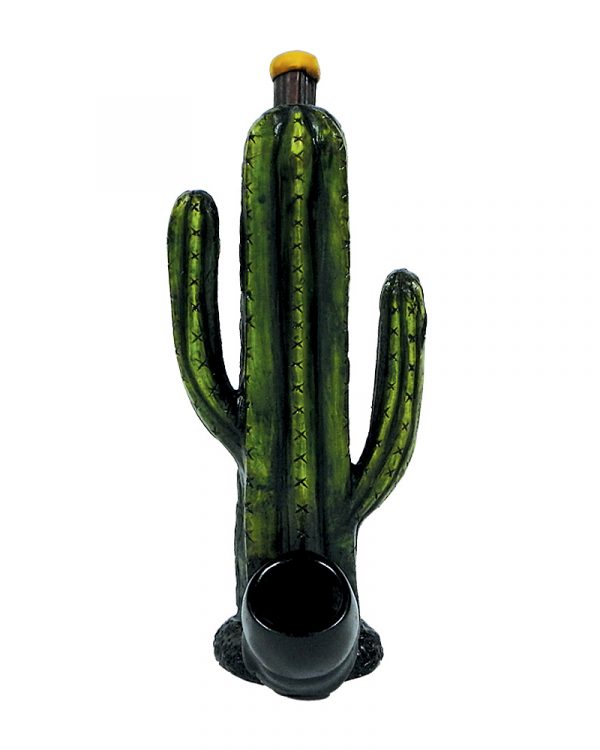 Handcrafted medium-sized tobacco smoking hand pipe of a green saguaro cactus.
