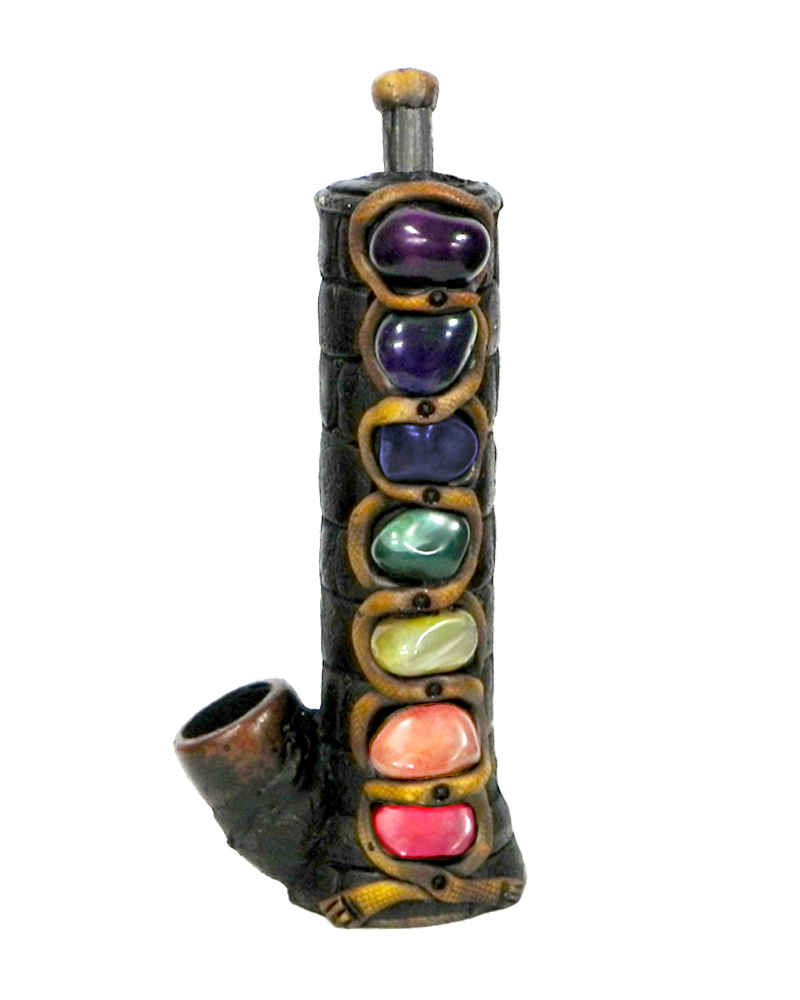 Handcrafted medium-sized tobacco smoking hand pipe of a tower with seven aligned natural tumbled chakra stones.