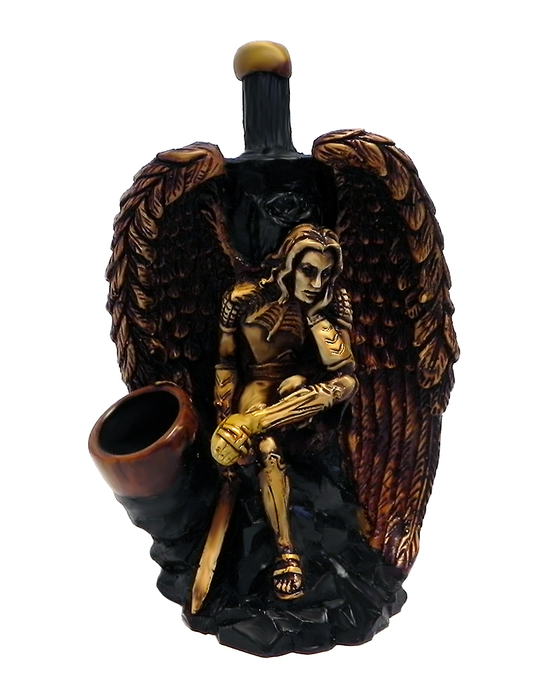 Handcrafted medium-sized tobacco smoking hand pipe of a sitting Lucifer, the fallen angel.