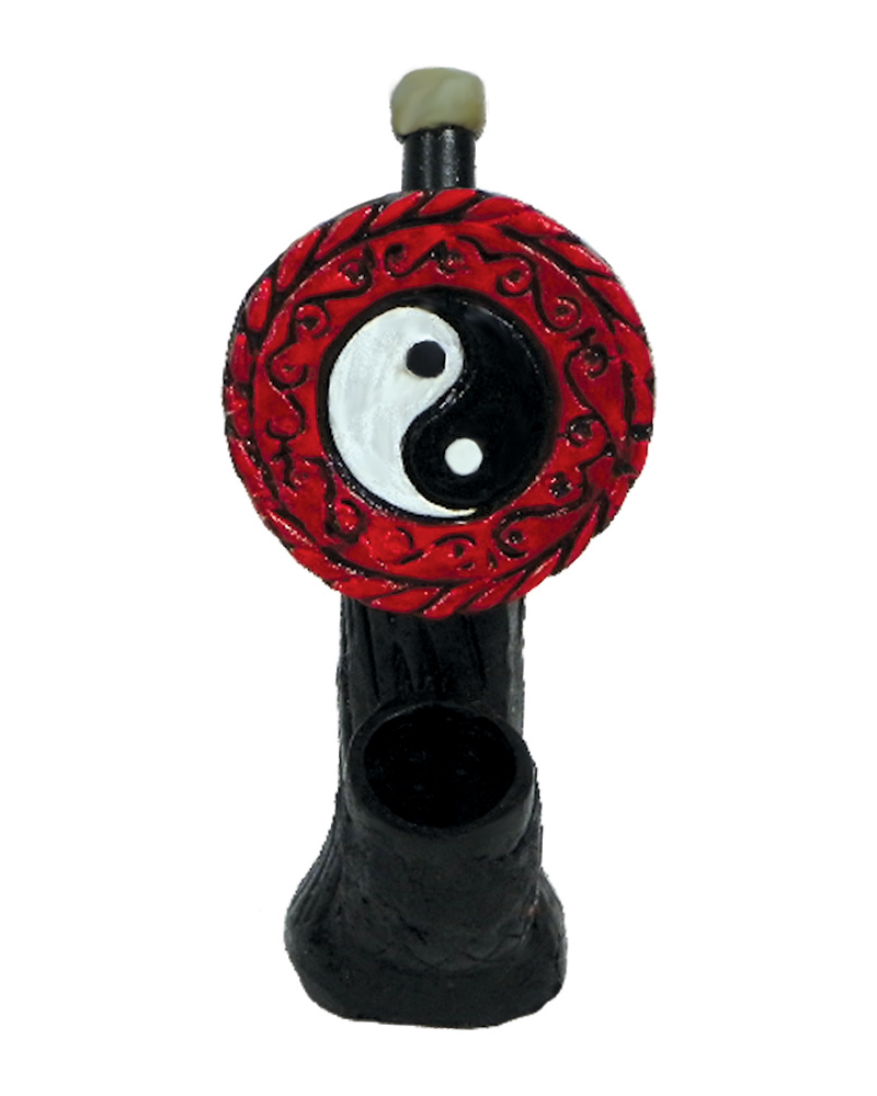Handcrafted medium-sized tobacco smoking hand pipe of a black and white yin yang symbol in a decorative red circle.