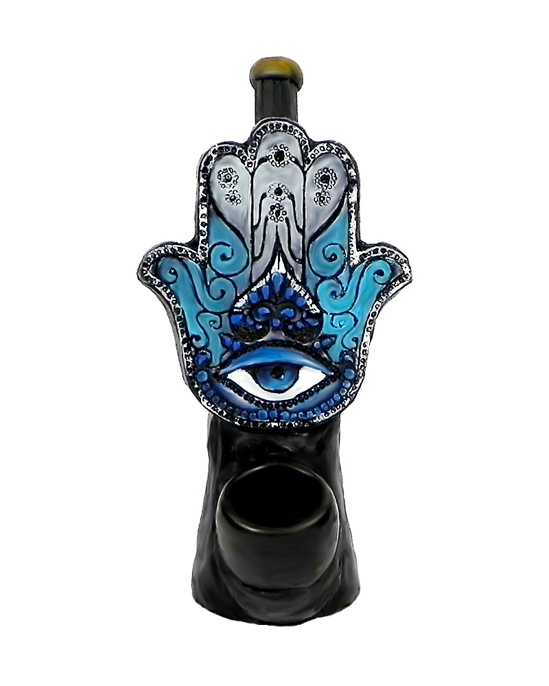 Handcrafted medium-sized tobacco smoking hand pipe of a blue hamsa hand.