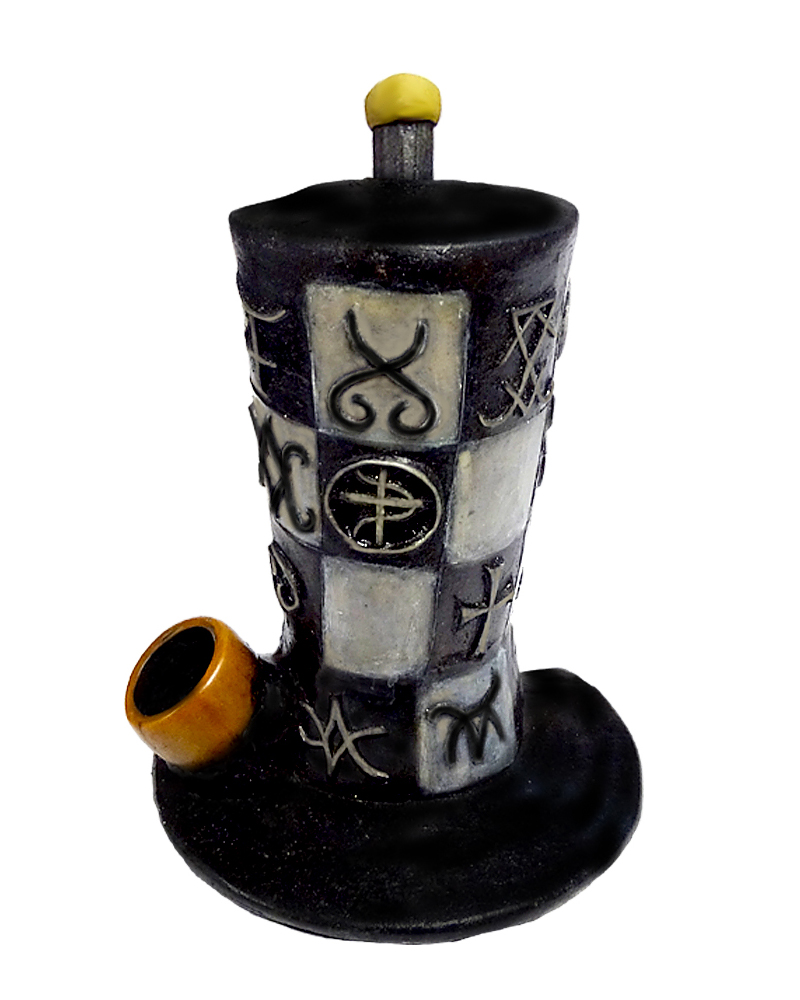 Handcrafted medium-sized tobacco smoking hand pipe of a black and white checkered top hat with symbols.