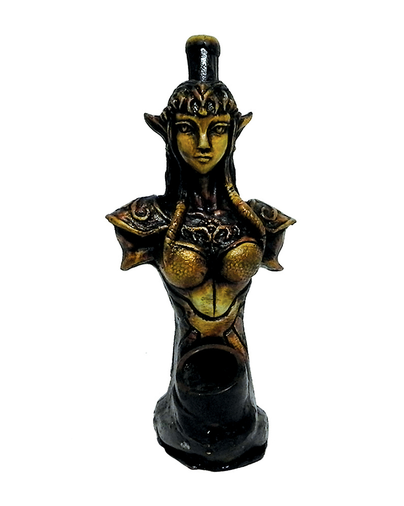 Handcrafted medium-sized tobacco smoking hand pipe of a gold female elf warrior.