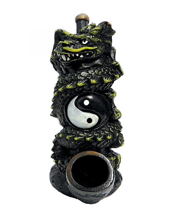 Handcrafted medium-sized tobacco smoking hand pipe of a spiraled green dragon with a yin yang symbol.