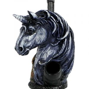 Handcrafted medium-sized tobacco smoking hand pipe of a gray unicorn head.