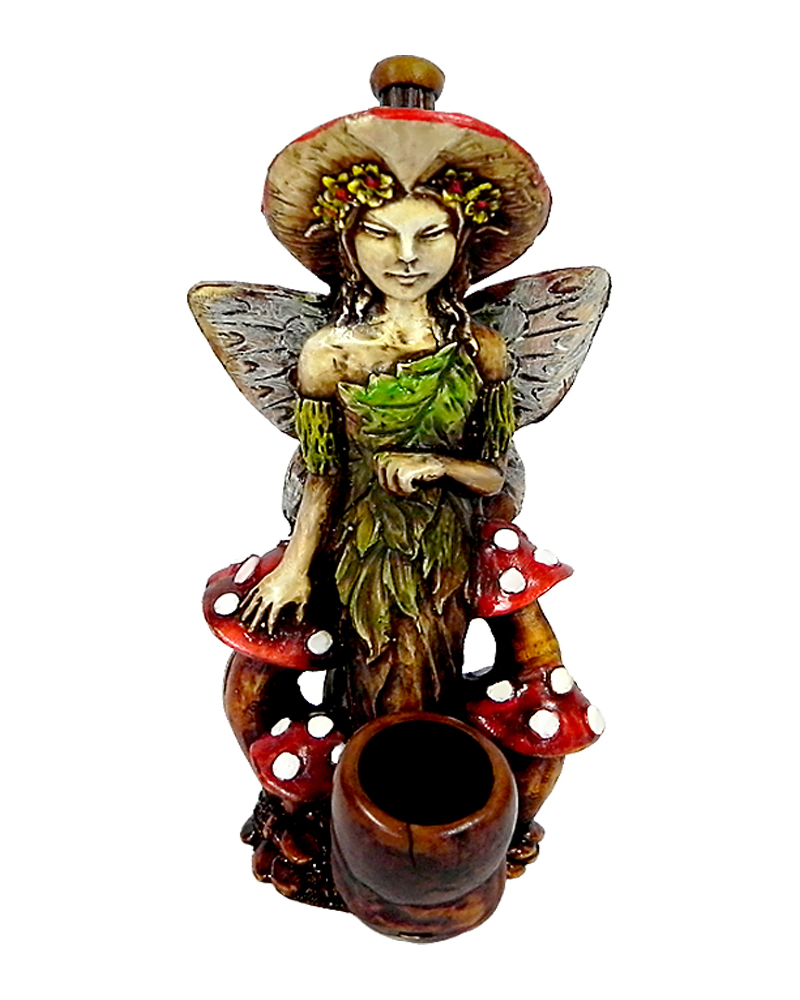 Handcrafted medium-sized tobacco smoking hand pipe of a fairy girl in green leaf dress with red mushrooms.