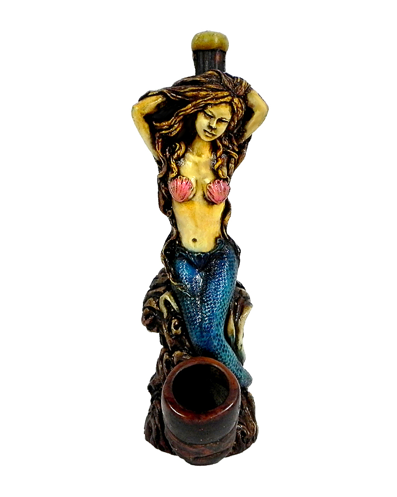 Handcrafted medium-sized tobacco smoking hand pipe of a sexy mermaid with pink seashell bra and blue fin.