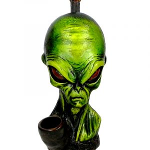 Handcrafted medium-sized tobacco smoking hand pipe of a green alien head.