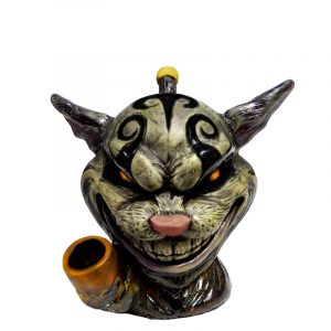 Handcrafted medium-sized tobacco smoking hand pipe of an evil Cheshire cat head.