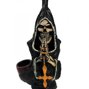 Handcrafted medium-sized tobacco smoking hand pipe of a hooded grim reaper death skull holding a rosary cross necklace.