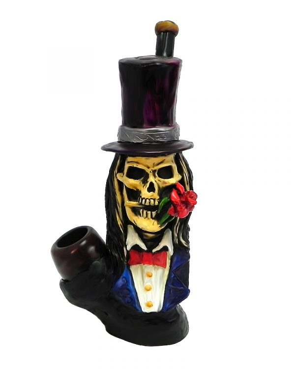 Handcrafted medium-sized tobacco smoking hand pipe of a skull with a top hat, tuxedo suit, and a red rose in its mouth.