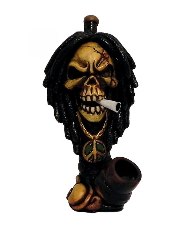 Handcrafted medium-sized tobacco smoking hand pipe of a smoking angry skull with dreads and a peace sign chain.