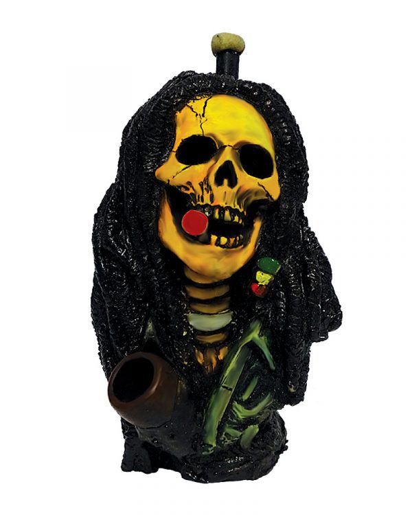 Handcrafted medium-sized tobacco smoking hand pipe of a smoking Bob skull with Rasta dreads.
